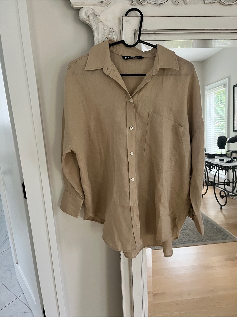 Zara oversized women's khaki linen button down shirt